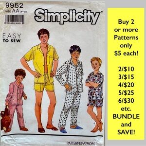 Simplicity Pattern 9952 Boys Teens Pajamas Sewing Pattern Uncut (4-12)